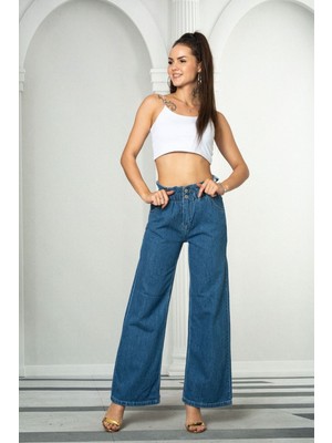 Comstar Kadın A.mavi Beli Lastikli Yüksek Bel Palazzo Jeans