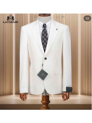 İlayda Emir Kırlangıç Yaka, Slimfit, 6 Drop, 2 Düğmeli, Blazer, Erkek Ceket, Krem