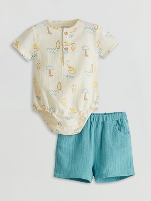 Lc Waikiki Yeni Sezon Baskılı Erkek Bebek Çıtçıtlı Body ve Şort 2'li