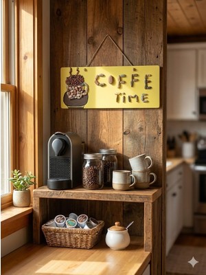 Husta Aksesuar El Yapımı Doğal Taş Tasarımlı "coffee Time" Kahve Severlere Özel El Emeği Taş Sanatı Ahşap Tablo - 37X14 cm