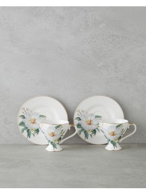 English Home Garden Lovely New Bone China 4 Parça 2 Kişilik Kahve Fincan Takımı 90 ml Yeşil-Beyaz