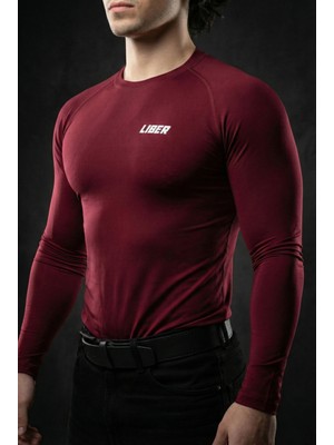 Liber Premium Uzun Kollu Compression T-Shirt - Bordo Sporcu Tişörtü - Muscle Fit Vücudu Saran