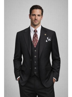 İlayda Emir Kırlangıç Yaka, Blazer, 2 Düğmeli, Yelekli, 6 Drop, Erkek Takım Elbise, Siyah