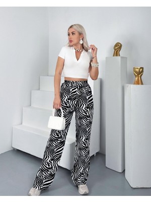 End Black Store Kadın Desenli Dokuma Viskon Kumaş Cepli Bol Paça Pantolon