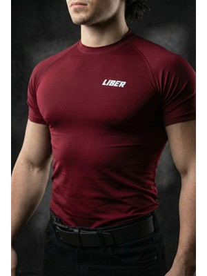 Liber Premium Compression T-Shirt - Bordo Sporcu Tişörtü - Gym & Fitness Muscle Fit Vücudu Saran