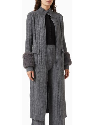 Izaak Azanei Faux Cuff Long Cardigan, Gri Şık ve Lüks Kadın Uzun Triko Hırka