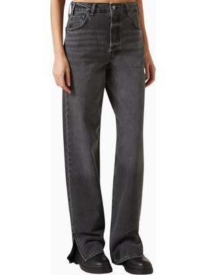 Anine Bing Roy Mid-Rise Denim Jean, Lüks Gri Kot Pantolon, Yan Yırtmaç Detaylı