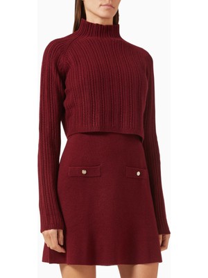 Maje Ritorsa Wool-Blend Sweater Dress, Bordo Yüksek Yaka ve Çıkarılabilir Crop Katmanlı