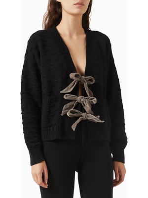 Izaak Azanei Velvet Bow Cardigan, Siyah Şık ve Lüks Kadın Triko Hırka