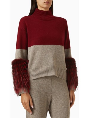 Izaak Azanei Half-Half Cuff Sweater, Kırmızı Lüks Triko Faux Kürk Detaylı Kazak