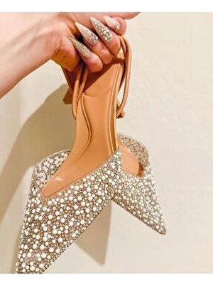 Duxal Shoes Kadın Gale Inci Detaylı Arkası Açık Topuklu Ayakkabı Ten Renk Düz Taban
