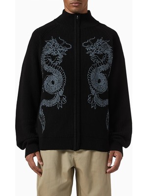 Butter Goods Dragon Fermuarlı Pamuklu Kazak, Retro Lüks Sokak Modası, Siyah