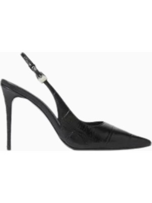 Black Suede Studio Branca 100 Siyah Deri Sivri Burun, 100MM Slingback Topuklu Ayakkabı