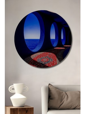 Teona Ahşap Büyülü Deniz Manzaralı Kırmızı Osmanlı Desenli Dekoratif Ahşap Tablo Yuvarlak Duvar Tablosu