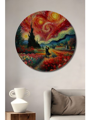 Teona Ahşap Aşkın Tavan Yaptığı Yıldızlı Bir Gecede Çiçek Tarlası Manzarası Yağlı Boya Görünümlü Ahşap Dekoratif Tablo Yuvarlak Duvar Tablosu