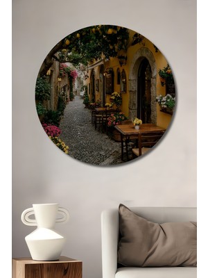 Teona Ahşap Akdeniz Limon Bahçesi Tablosu Yuvarlak Duvar Tablosu