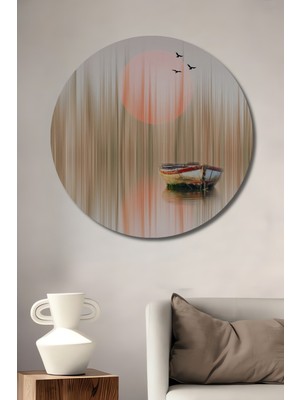 Teona Ahşap Tekne Ve Kuşlar Sulu Boya Görünümlü Modern Sanat Ahşap Dekoratif Tablo Yuvarlak Duvar Tablosu