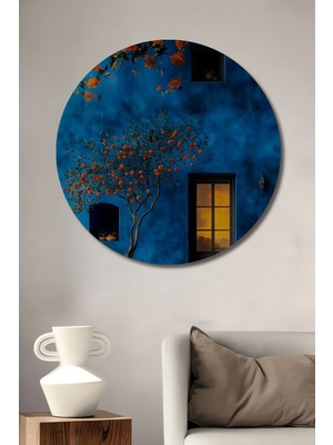 Teona Ahşap Portakal Ağacı Ve Saksı Çiçekli Büyülü Mavi Ev Tablosu  Yuvarlak Duvar Tablosu