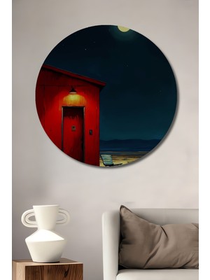 Teona Ahşap Kırmızı Kulübe Gecesi Yağlı Boya Görünümlü Dekoratif Ahşap Tablo Yuvarlak Duvar Tablosu