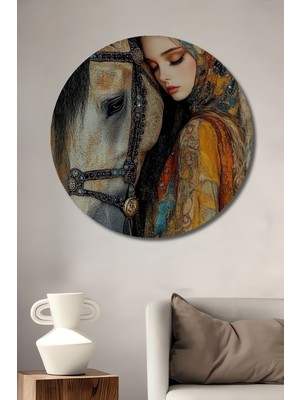 Teona Ahşap Bohem Sanat At Ve Kız Masalsı Güzellik Yağlı Boya Görünümlü Dekoratif Ahşap Tablo Yuvarlak Duvar Tablosu