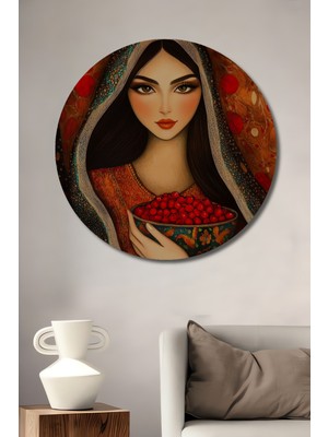 Teona Ahşap Muhteşem Iran Kadını Nar Tabağı Görünümlü Yağlı Boya Ahşap Dekoratif Tablo Yuvarlak Duvar Tablosu