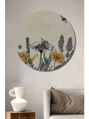 Teona Ahşap Arı Ve Çiçek Tarlası Sulu Boya Görünümlü Ahşap Tablo Yuvarlak Duvar Tablosu