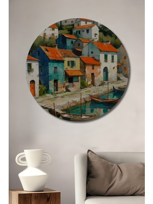 Teona Ahşap Sahil Kasabası Sulu Boya Görünümlü Sanat Tablosu Ahşap Dekoratif Tablo Yuvarlak Duvar Tablosu