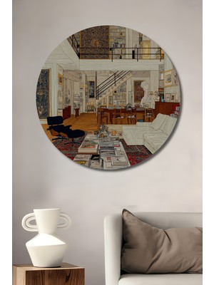 Teona Ahşap Klasik Ev Tasarımı Yağlı Boya Görünümlü Ahşap Tablo Yuvarlak Duvar Tablosu