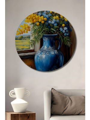 Teona Ahşap Mükemmel Yağlı Boya Görünümlü Vazo Çiçekleri Ve Meyveler Tablosu Yuvarlak Duvar Tablosu