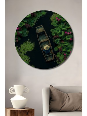 Teona Ahşap Lotus Gölü Tekne Sanat Tablosu Yuvarlak Duvar Tablosu