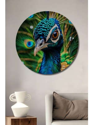 Teona Ahşap Göz Kamaştıran Tavus Kuşu Yağlı Boya Görünümlü Dekoratif Ahşap Tablo Yuvarlak Duvar Tablosu