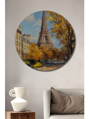 Teona Ahşap Eyfel Kulesi Sonbahar Yağlı Boya Görünümlü Ahşap Dekoratif Tablo Yuvarlak Duvar Tablosu