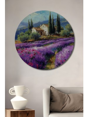 Teona Ahşap Provence Lavanta Tarlası Yağlı Boya Görünümlü Ahşap Dekoratif Tablo Yuvarlak Duvar Tablosu