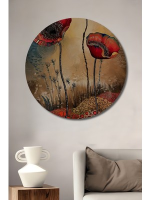 Teona Ahşap Büyülü Gelincikler Sulu Boya Görünümlü Ahşap Dekoratif Tablo Yuvarlak Duvar Tablosu