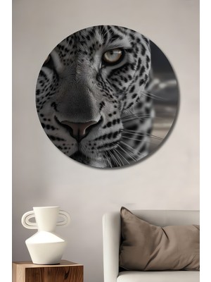 Teona Ahşap Büyüleyici Beyaz Kaplan Yağlı Boya Görünümlü Ahşap Tablo Yuvarlak Duvar Tablosu