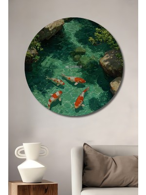 Teona Ahşap Canlı Koi Balıklı Berrak Su Döküntülü Doğal Manzara Ahşap Dekoratif Tablo Yuvarlak Duvar Tablosu