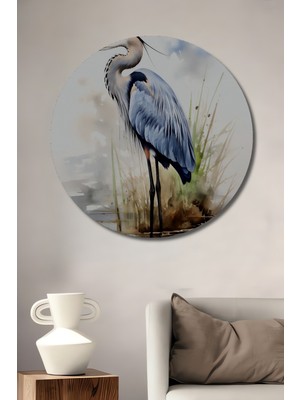 Teona Ahşap Büyük Mavi Balıkçıl Sulu Boya Görünümlü Ahşap Dekoratif Tablo Yuvarlak Duvar Tablosu