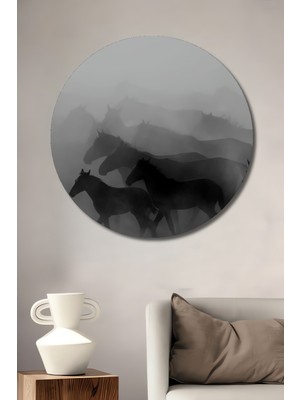 Teona Ahşap Yüksek Detaylı Siyah Beyaz At Sürüsü Yağlı Boya Görünümlü Ahşap Dekoratif Tablo Yuvarlak Duvar Tablosu