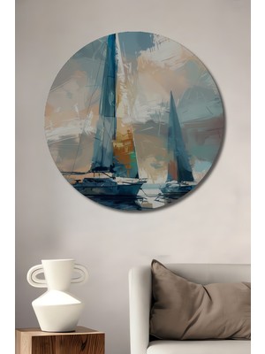 Teona Ahşap Yelkenli Tekne Manzarası Yağlı Boya Görünümlü Ahşap Dekoratif Tablo Yuvarlak Duvar Tablosu