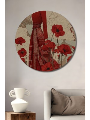 Teona Ahşap Kırmızı Gelin Geleneği Görünümlü Boho Sanat Ahşap Tablo Yuvarlak Duvar Tablosu