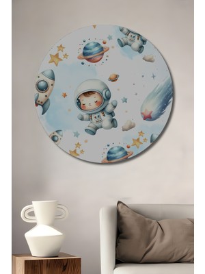 Teona Ahşap Uzay Macerası Sulu Boya Görünümlü Dekoratif Ahşap Tablo Yuvarlak Duvar Tablosu