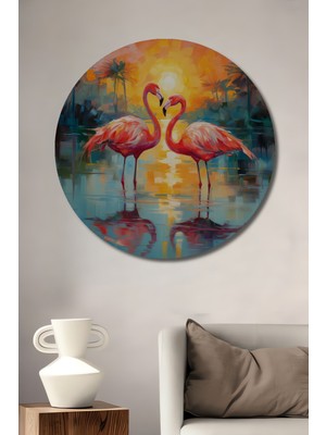 Teona Ahşap Aşk Dolu İki Flamingo Yağlı Boya Görünümlü Ahşap Dekoratif Tablo Yuvarlak Duvar Tablosu