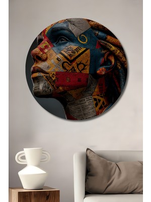 Teona Ahşap Renkli Desenli Kadın Portresi Yağlı Boya Görünümlü Dekoratif Ahşap Tablo Yuvarlak Duvar Tablosu