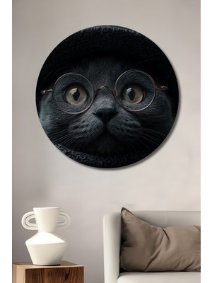 Teona Ahşap Havalı Kedi Gözlüklü Ve Şapkalı Tablo  Yuvarlak Duvar Tablosu