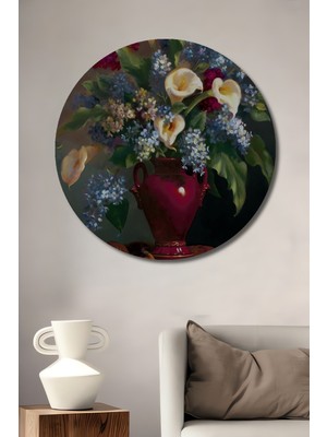 Teona Ahşap Zarif Vazo Ve Calla Lilyum Buketi Yağlı Boya Görünümlü Ahşap Dekoratif Tablo Yuvarlak Duvar Tablosu