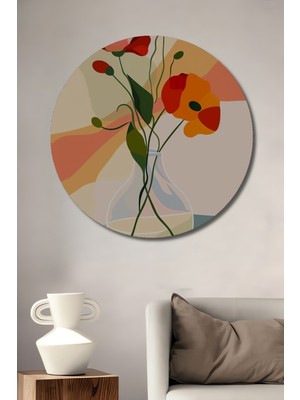 Teona Ahşap Minimalist Vazo Çiçek Tasarımı Görünümlü Ahşap Dekoratif Tablo Yuvarlak Duvar Tablosu
