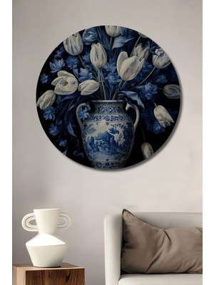 Teona Ahşap Beyaz Lale Buketi Ahşap Dekoratif Tablo Yuvarlak Duvar Tablosu