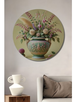 Teona Ahşap Çiçekli Vazo Yağlı Boya Görünümlü Dekoratif Ahşap Tablo Yuvarlak Duvar Tablosu