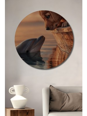 Teona Ahşap Yavru Köpek Ve Yunus Dostluğu Yağlı Boya Görünümlü Ahşap Dekoratif Tablo Yuvarlak Duvar Tablosu