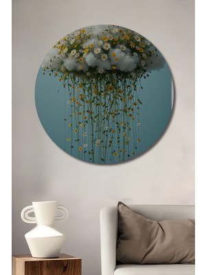 Teona Ahşap Bulutlardan Sarkan Çiçekler Yağlı Boya Görünümlü Ahşap Dekoratif Tablo Yuvarlak Duvar Tablosu